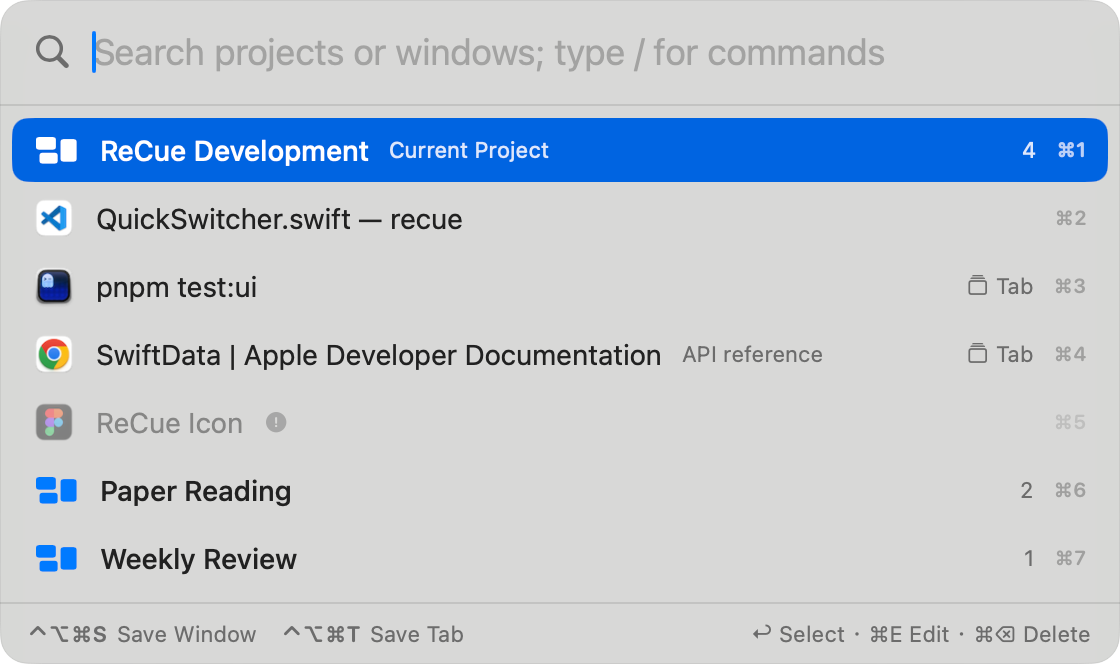 The ReCue quick recall panel showing a project with its windows and tabs